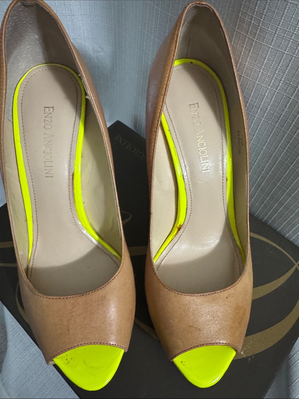 Enzo Angiolini Tan Peep-Toe Pumps with Neon Yellow Accents